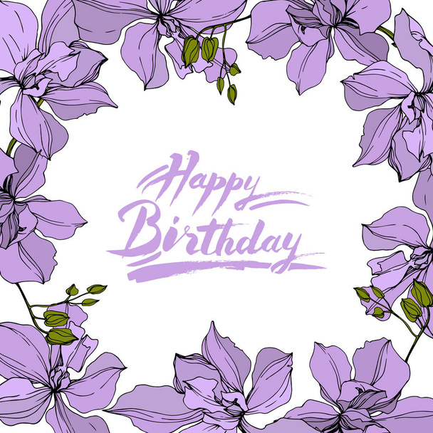 Corona vectorial de flores de orquídea aisladas en blanco con letras de feliz cumpleaños
 - Vector, imagen