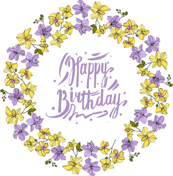 Corona vectorial de flores de orquídea aisladas en blanco con letras de feliz cumpleaños
 - Vector, Imagen