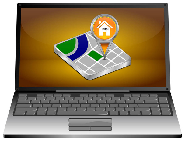 オレンジ色のデスクトップ上のホテルシンボルとオレンジ色のマップポインタを持つラップトップコンピュータ - 3Dイラスト - 写真・画像
