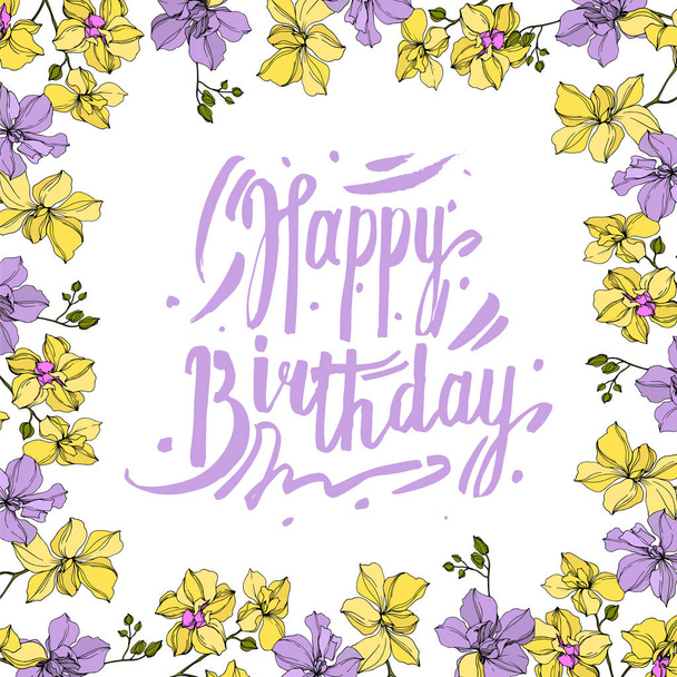 Wektor wieniec kwiatów orchidei na białym tle z Happy Birthday napis - Wektor, obraz