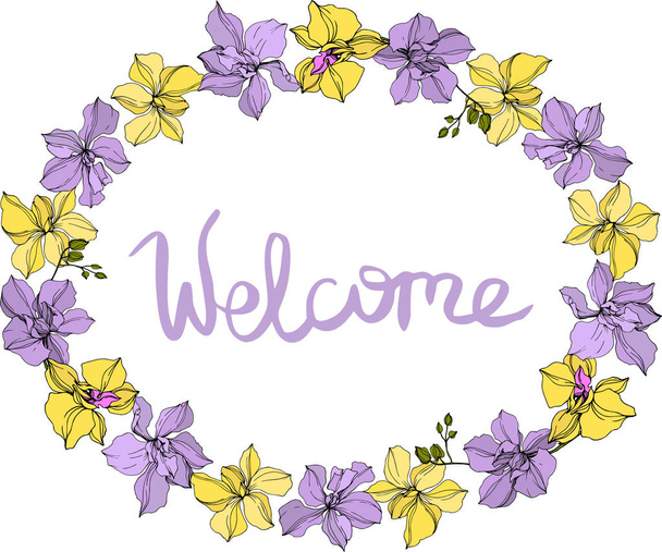 Vector wreath of orchid flowers isolated on white with welcome lettering - Vector, Image
