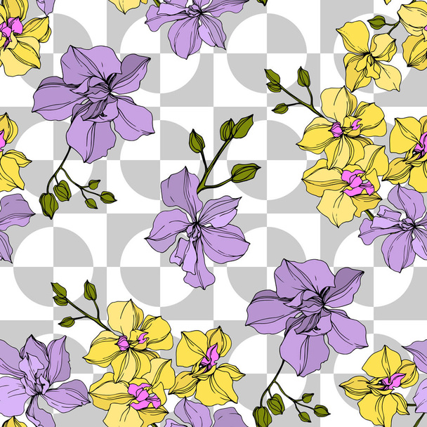 Vektori keltainen ja violetti orkidea kukkia. Kaiverrettua mustetaidetta. Saumaton taustakuvio
.  - Vektori, kuva