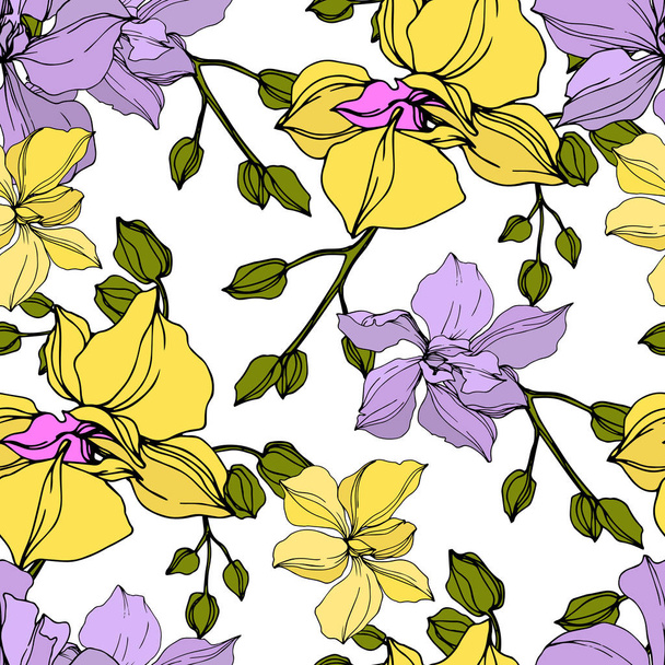Vector yellow and violet orchid flowers. Engraved ink art. Seamless background pattern.  - Wektor, obraz