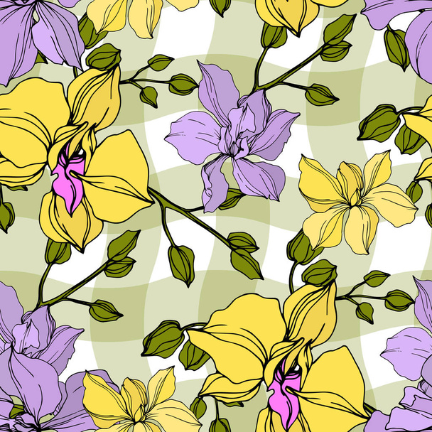 Vector yellow and violet orchid flowers. Engraved ink art. Seamless background pattern.  - Vetor, Imagem