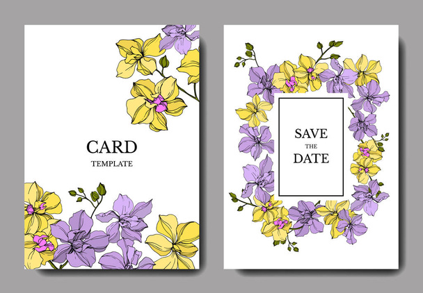 Vektor orchidea virágok. Sárga és Ibolya vésett tinta művészet. Esküvői hátlapok. Meghívás elegáns kártyák grafikus készlet. - Vektor, kép