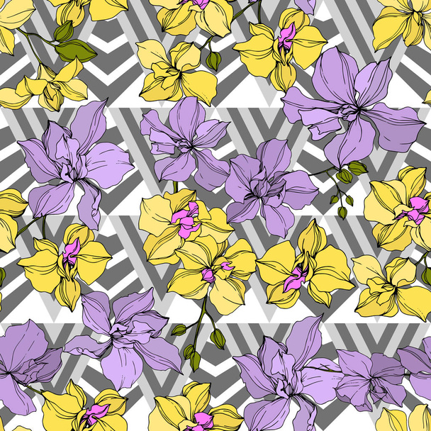 Vector yellow and violet orchid flowers. Engraved ink art. Seamless background pattern.  - Vektor, Bild