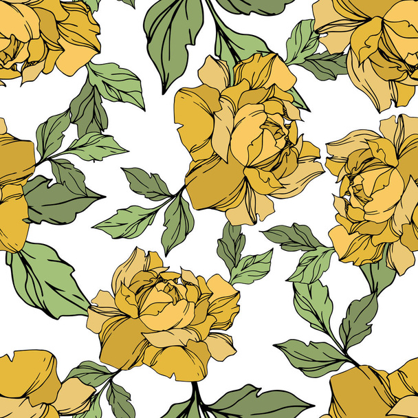 Yellow, red and violet vector roses with green leaves. Engraved ink art. Seamless background pattern.  - Vetor, Imagem