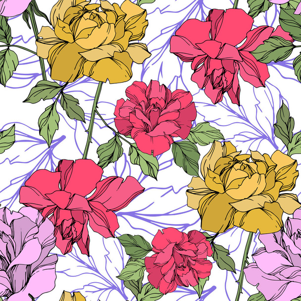 Yellow, red and violet vector roses with green leaves. Engraved ink art. Seamless background pattern.  - Διάνυσμα, εικόνα
