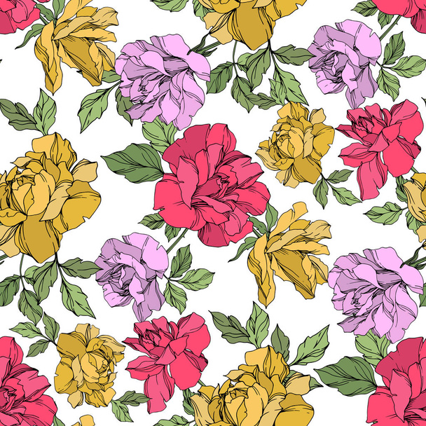Rosas vectoriales amarillas, rojas y violetas con hojas verdes. Arte de tinta grabada. Patrón de fondo sin costuras
.  - Vector, imagen