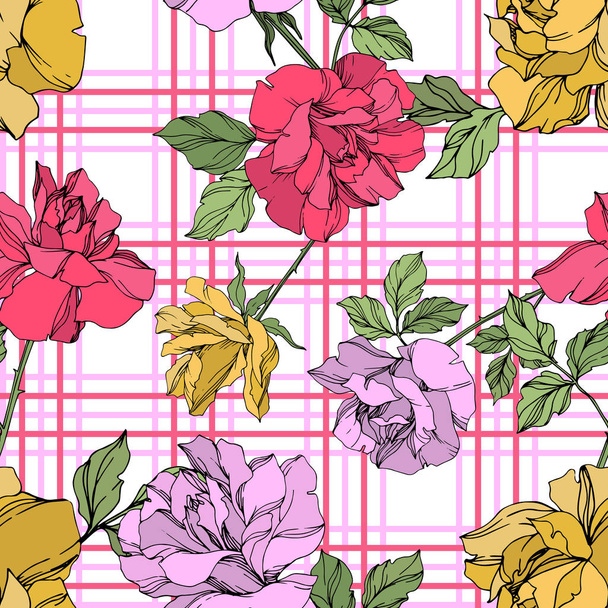 Yellow, red and violet vector roses with green leaves. Engraved ink art. Seamless background pattern.  - Vector, Image