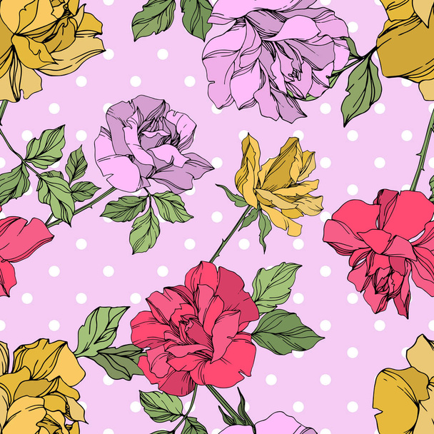 Yellow, red and violet vector roses with green leaves. Engraved ink art. Seamless background pattern.  - Vektor, kép