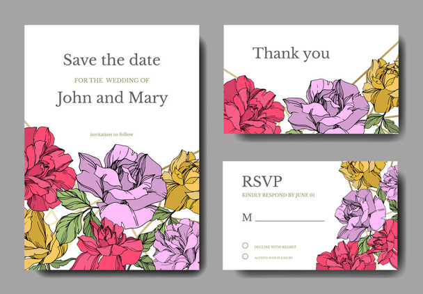 Vector Roses flowers. Engraved ink art. Wedding background cards. Elegant cards illustration graphic set. - Vector, imagen
