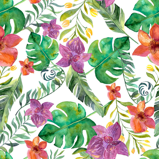 シームレスな手描き水彩トロピカルパターン、ハイビスカス、プルメリア(フランジパニ)の花と熱帯の葉と花の鮮やかなハワイの夏のデザイン - 写真・画像