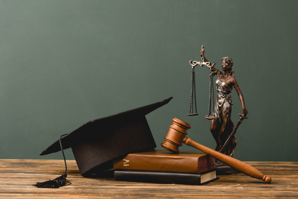 books, themis statuette, academic cap and gavel on wooden surface isolated on grey - Photo, Image