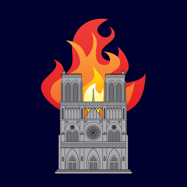 Собор Нотр-Дам в Париже, Франция. Цветной рисунок, показывающий горящее здание ночью. Векторный формат EPS10
 - Вектор,изображение