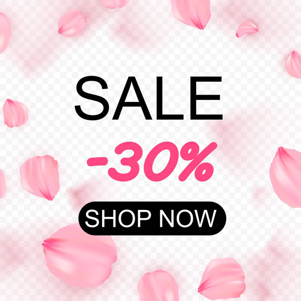 Pink sakura falling petals in circle vector background. 3D romantic illustration. Transporent banner with sakura. Love card. Sale 30 off. Shop now - Вектор,изображение