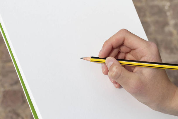 Boy's hand with a pencil over an open notepad in the park. - 写真・画像