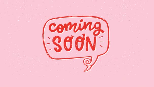 Animated Coming Soon hand drawn lettering text in speech bubble outline on the pink pastel background. Motion graphic with red letters for ad of a new product. Moving inscription for icon, e-shop, store - Footage, Video
