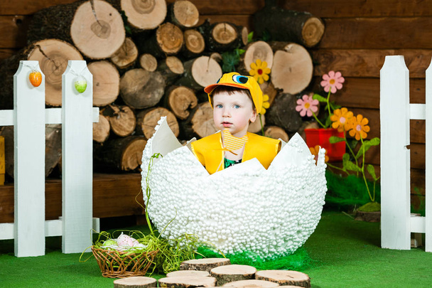 Vacaciones de Pascua. Una linda niña con un traje de pato nacido de un huevo grande. En el fondo un tronco de madera
. - Foto, imagen