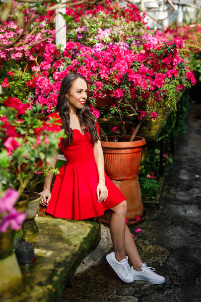 Portrait of a young beautiful brunette in a red dress in a beautiful botanical garden with flowers - 写真・画像