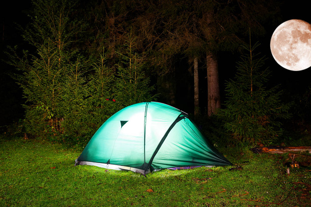 tourist tent in night forest - Foto, afbeelding