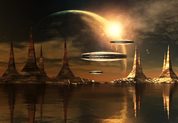 Planeta extraterrestre con naves espaciales
 - Foto, imagen