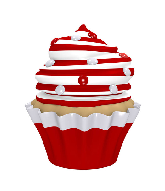 Cupcake z kremowym wieczkiem z czerwonymi i białymi pierścieniami z Smarties. - Zdjęcie, obraz