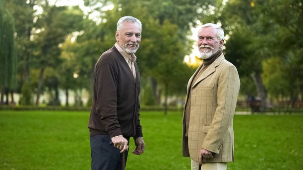 Homens idosos com bengalas descansando e sorrindo para câmera, amizade masculina
 - Foto, Imagem