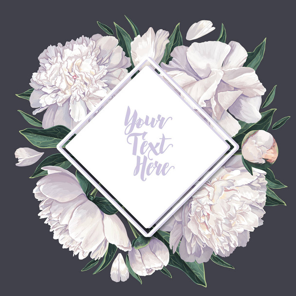 Background with white peonies flowers and leaves.Springsummer background with place for text. Frame made of peonies flowers and leaves. - Vektör, Görsel