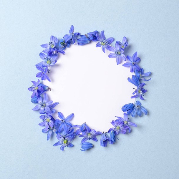 Wreath made of blue flowers petals with free space inside circle on pastel blue background. Flat lay composition, top view. Spring flowers concept. Invitation card mockup - Photo, image