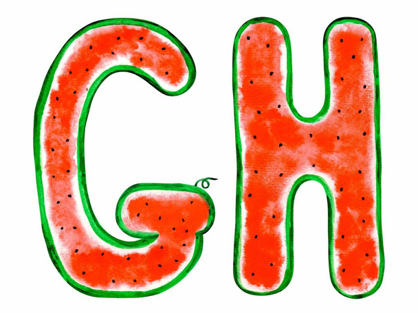 Aquarelle watermelon handwritten Latin (English and Spanish) letters: G and H. Isolated on a white background. Illustration. Summer tasty font. - Photo, Image