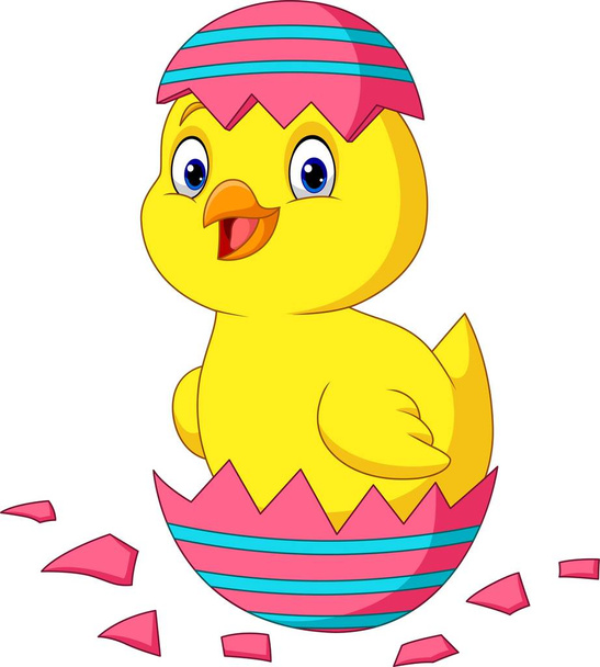 Ilustración vectorial del polluelo de dibujos animados que sale de un huevo de Pascua
 - Vector, Imagen