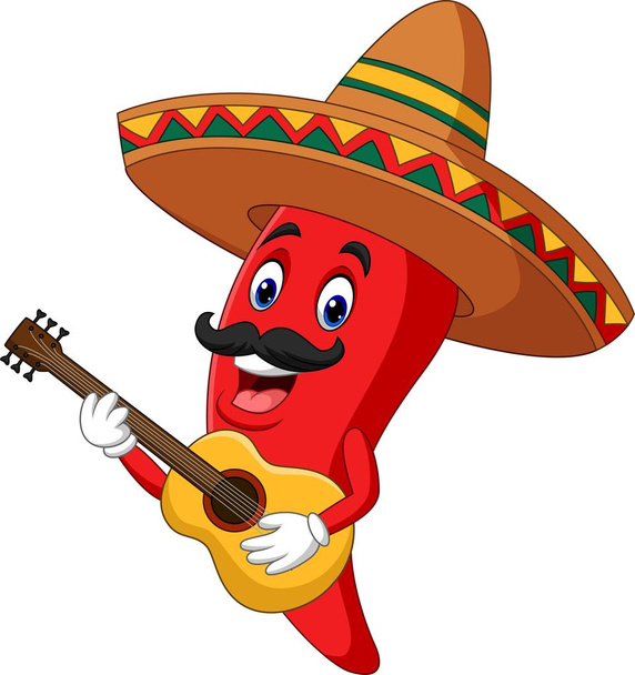 Vector illustration of Cartoon happy sombrero chili pepper playing a guitar - Vector, imagen