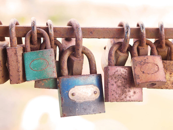 rustic padlocks hanging on iron fence. - Photo, Image