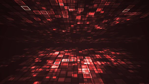 抽象的な赤色光点滅長方形グリッドパースペクティブグラフィックイラストの背景。デジタル技術未来的なコンセプト. - 写真・画像