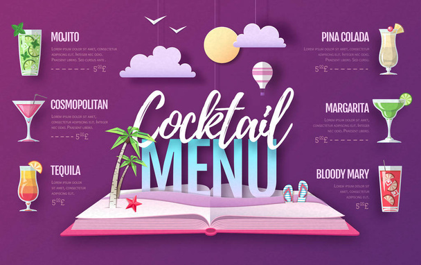 Cocktail menu design. Cut out paper art style design. - Vector, Image
