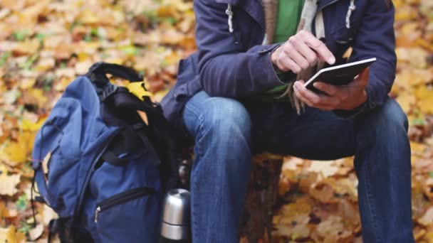 blogger hombre milenario sentado en el bosque en el tocón y el trabajo - escribe un blog en la tableta de ordenador, o en busca de mapa, mochila y termos cerca de él, el descanso después de la caminata, en el fondo del follaje de otoño
  - Metraje, vídeo