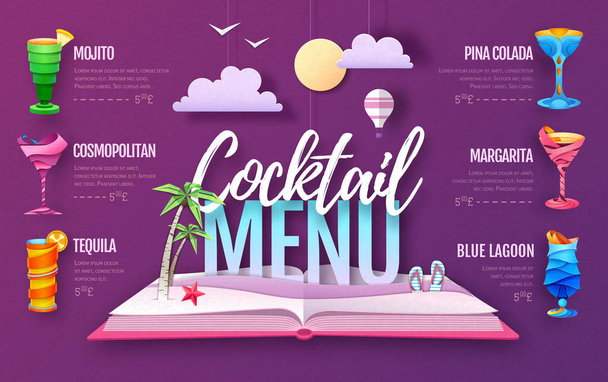 Cocktail menu design. Cut out paper art style design. Origami - Vector, Imagen