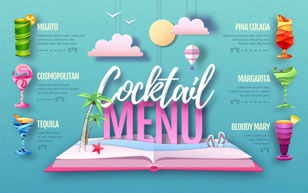 Cocktail menu design. Cut out paper art style design. Origami - Vector, Imagen