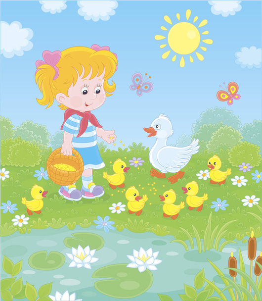Little girl feeding a white duck and small yellow ducklings among flowers by a pond with water-lilies on a sunny summer day, vector illustration in a cartoon style - Vector, Image