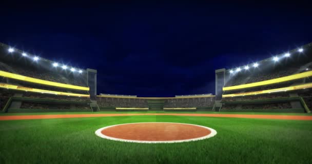 Estadio de béisbol infield círculo punto de vista iluminado por la noche, moderno edificio deportivo público animado como bucle de fondo estático 4k
 - Metraje, vídeo
