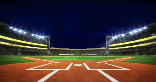 Honkbalstadion infield Diamond View verlicht 's nachts, moderne openbare sportgebouw geanimeerd als statische 4k achtergrond lus - Video