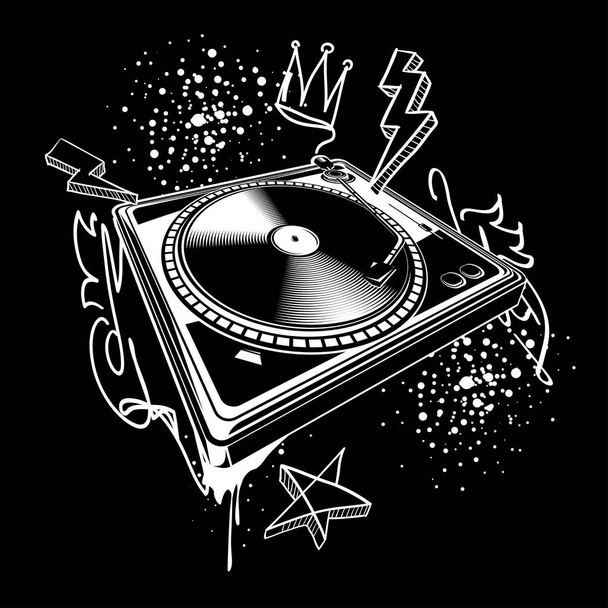 Black and white turntable on graffiti background - Vector, afbeelding