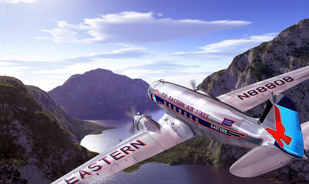 DC3 vliegen op bergen en meer, met blauwe lucht en de wolken op achtergrond - Foto, afbeelding