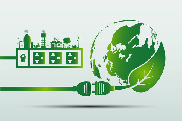 Enerji fikirleri dünya kavramı kurtarmak güç fiş yeşil ekoloji, vektör illüstrasyon - Vektör, Görsel