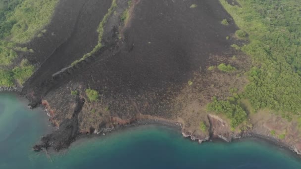 航空写真:バンダ諸島の活火山グヌンアピ溶岩の上を飛ぶマルクインドネシア緑豊かな緑の森ターコイズ水サンゴ礁の風光明媚な旅行先。ネイティブシネのようなD-logカラープロファイル - 映像、動画