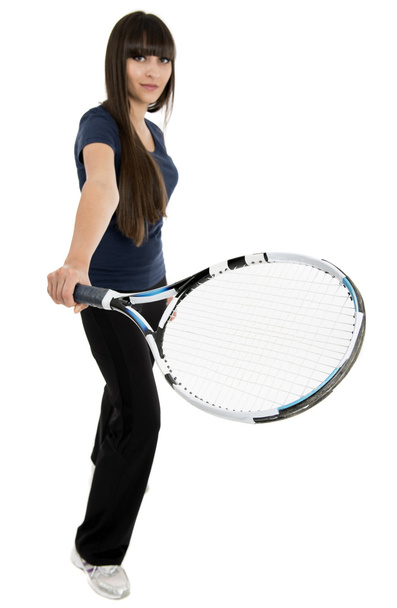 eine hübsche, athletische Tennisspielerin isoliert auf weißem Rücken - Foto, Bild