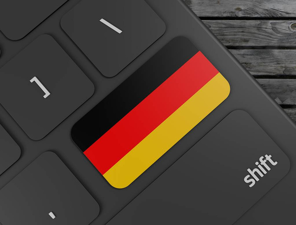 German flag enter key on white keyboard, on wood background. 3d render - Photo, Image