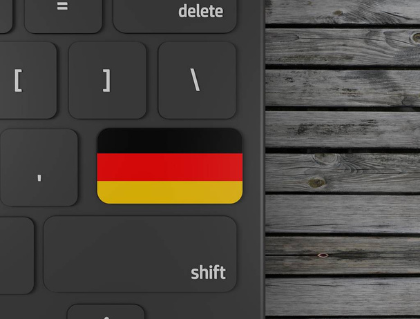 Duitse vlag invoeren toets op wit toetsenbord, op hout achtergrond. 3D renderen - Foto, afbeelding
