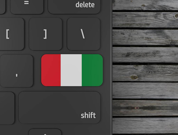 Ιταλική σημαία εισάγετε το κλειδί στο λευκό πληκτρολόγιο, σε φόντο ξύλου. απόδοση 3D - Φωτογραφία, εικόνα